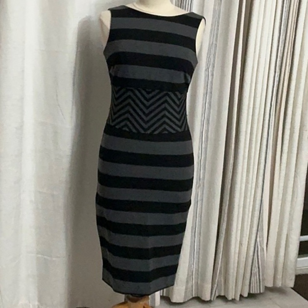 Cache Black and Gray Sheath Midi Dress Sleeveless Bateau